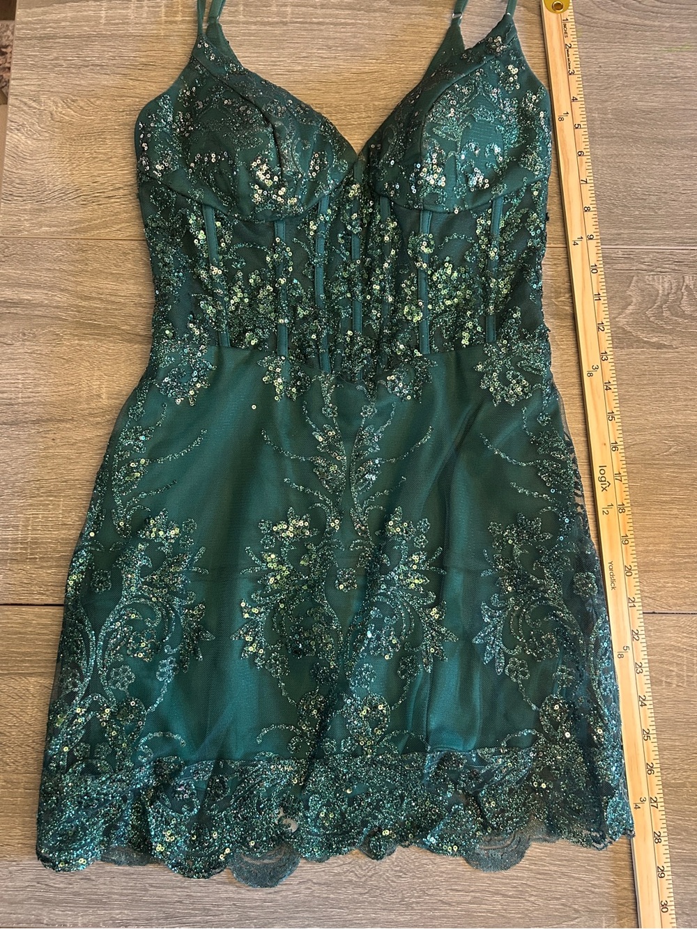 Stacees Corset Emerald Green Embellished Lace Mini Dress